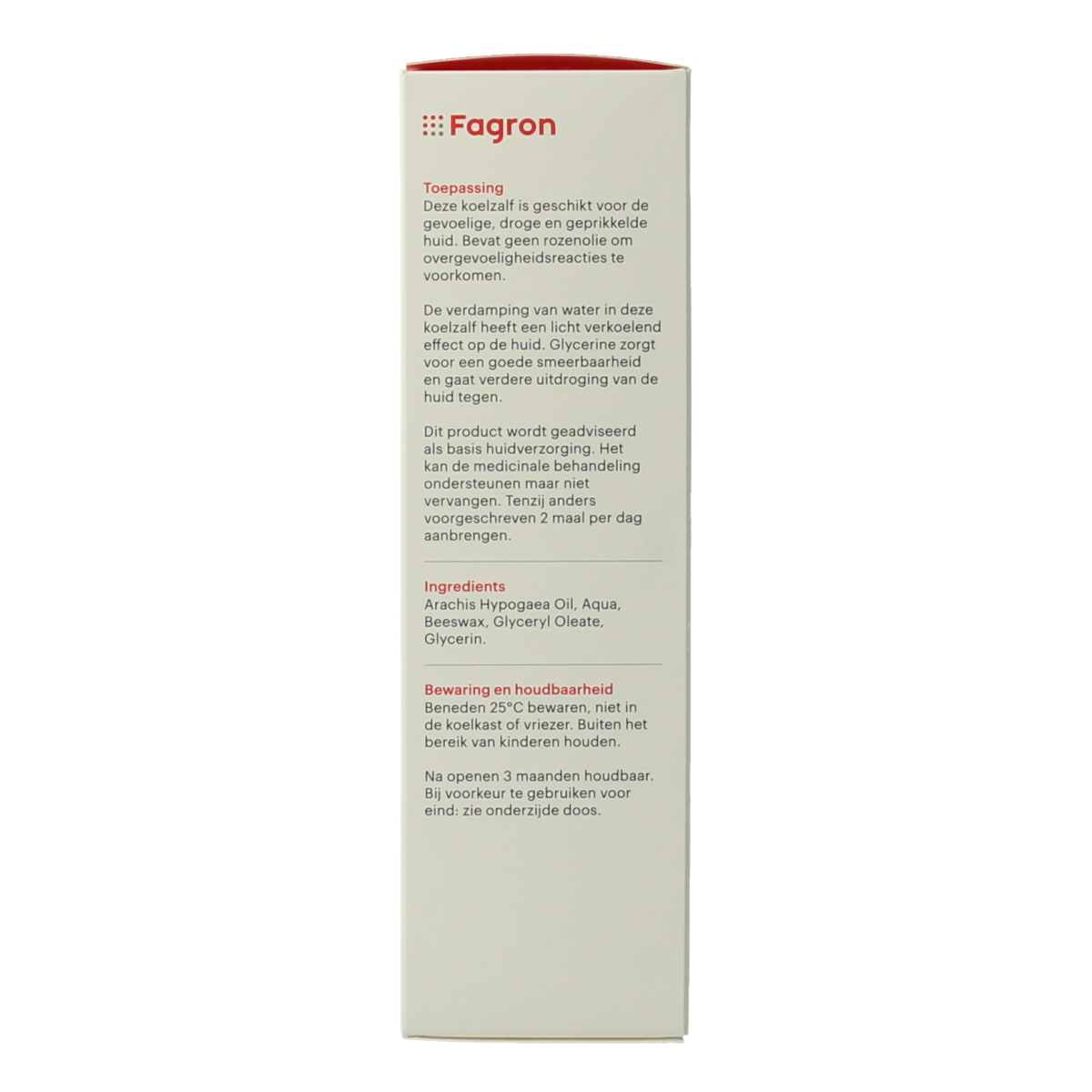 Fagron Koelzalf zonder rozenolie in doos with leaflet, 100 grams, body care product with cooling and soothing properties.