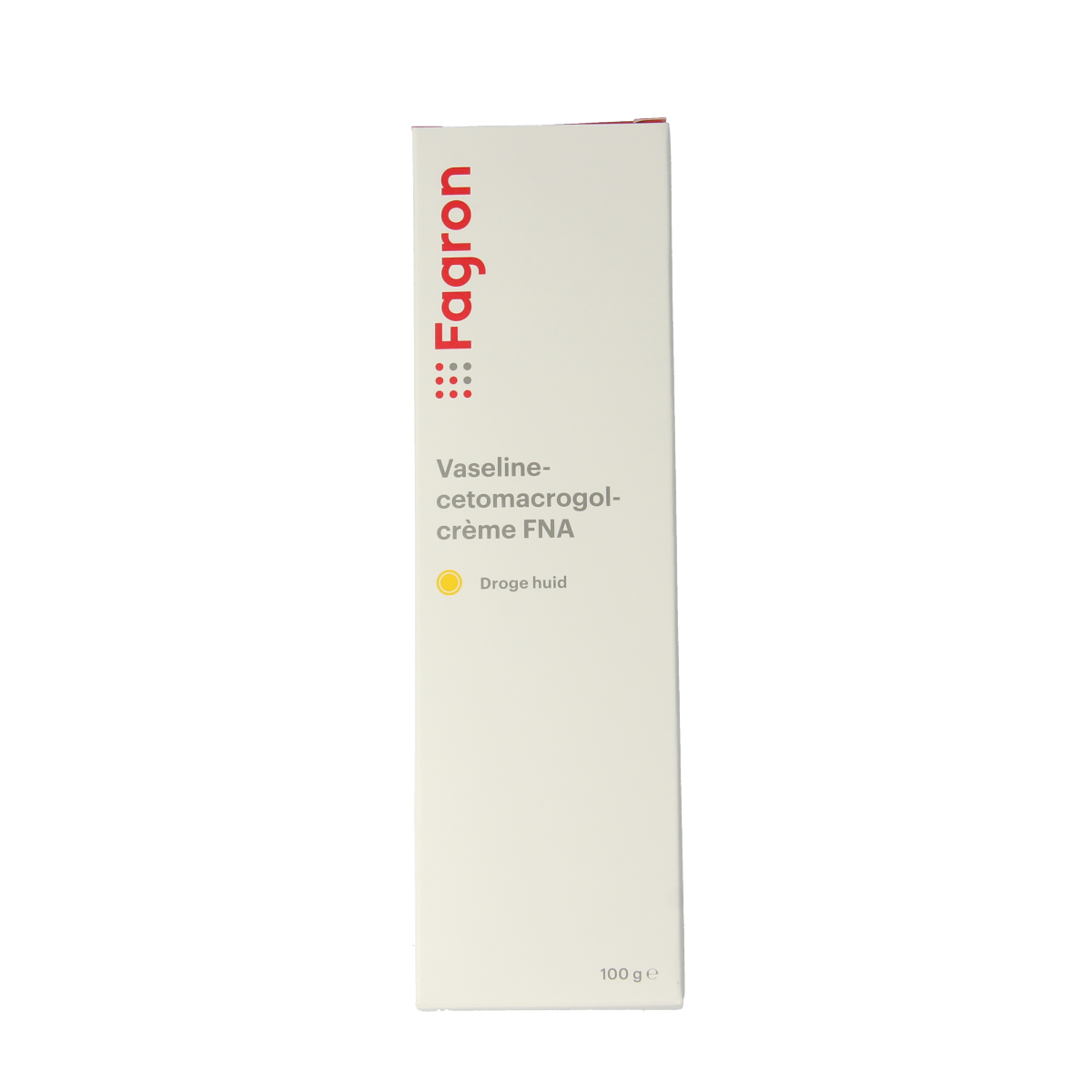 Fagron Vaselinecetomacrogol crème FNA in a 100g container, used for body care, with a smooth, creamy texture.