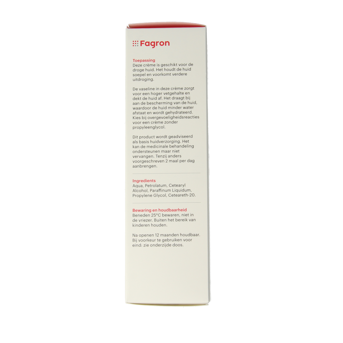 Fagron Vaselinecetomacrogol crème in a 100g package, creamy body care product with a smooth texture and white color.