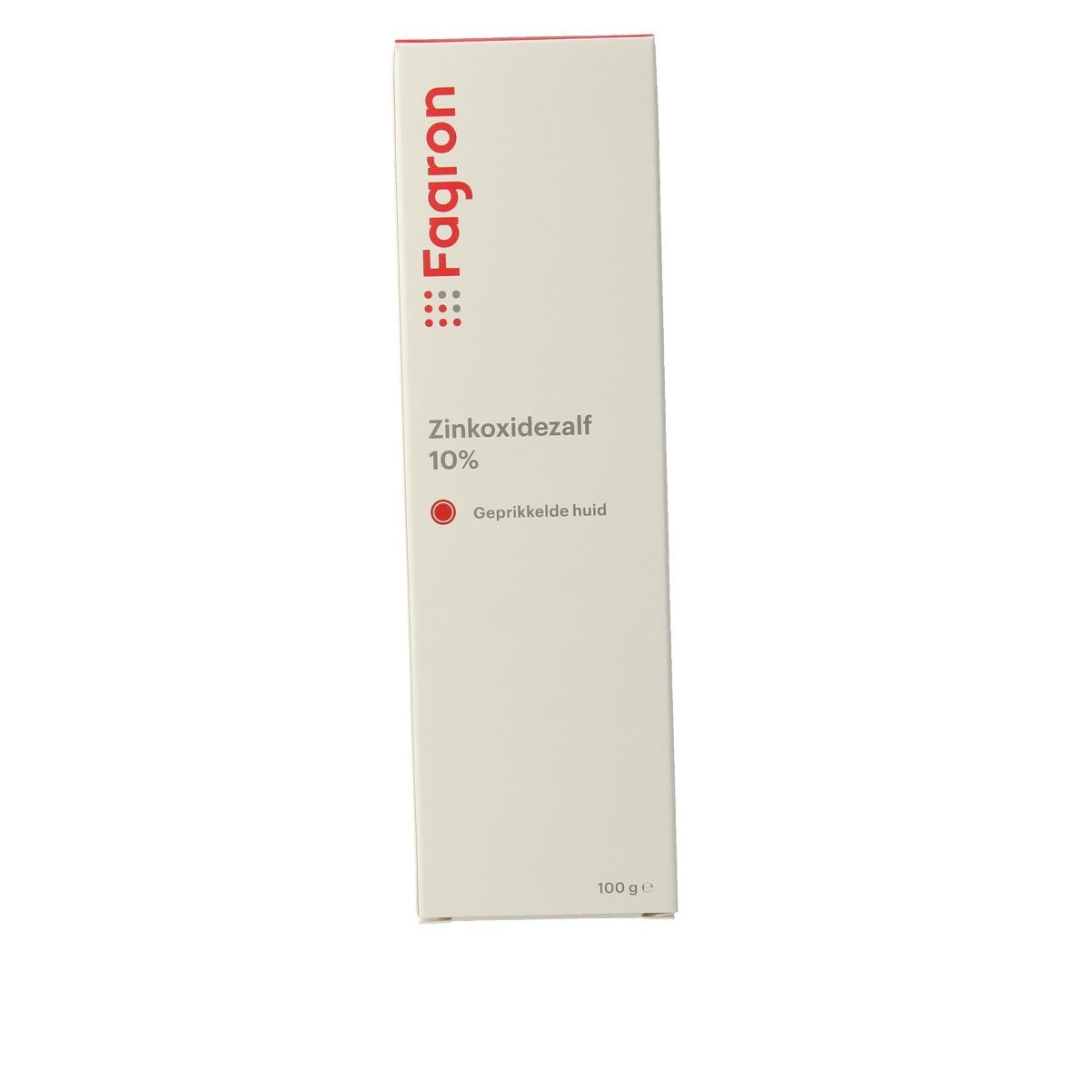 Fagron Zinkoxidezalf 10% body care cream in a 100g tube with box and leaflet, featuring zinc oxide for skin soothing.