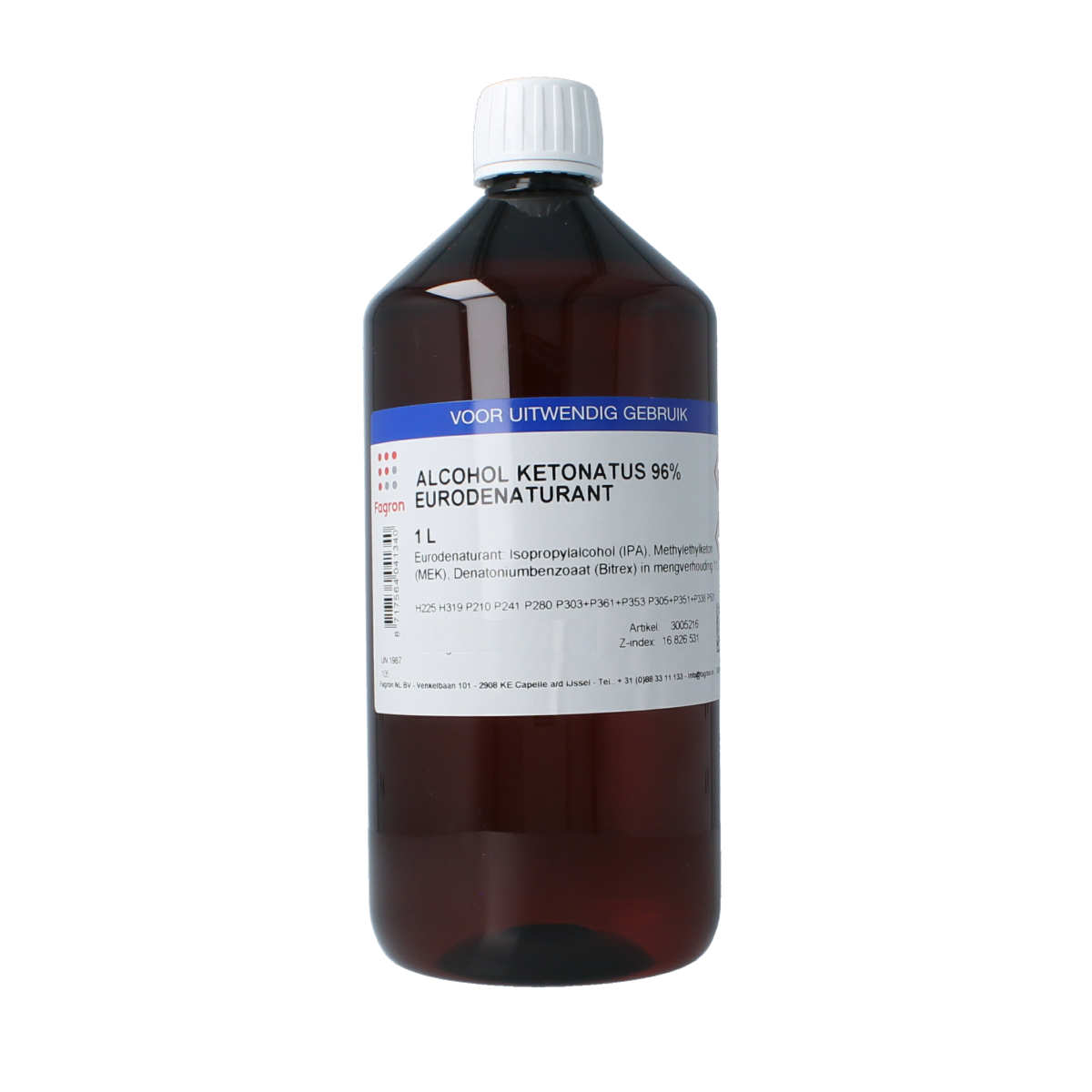 Fagron Alcohol Ketonatus 96% v/v disinfectant in 1-liter container, clear liquid for sterilization and cleaning purposes