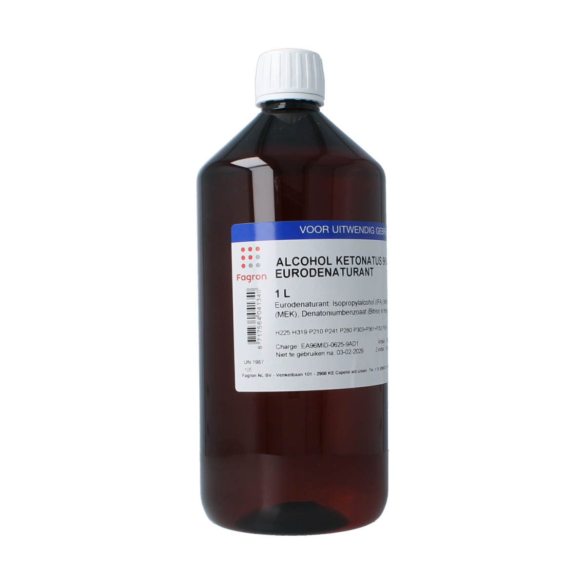 Fagron Alcohol Ketonatus 96% v/v disinfectant liquid in a 1-liter bottle, used for sterilization and sanitizing purposes.