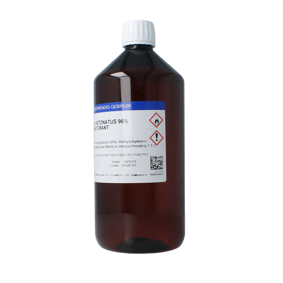 Fagron alcohol ketonatus 96% v/v disinfectant in a 1-liter bottle, used for sanitizing and disinfecting surfaces.