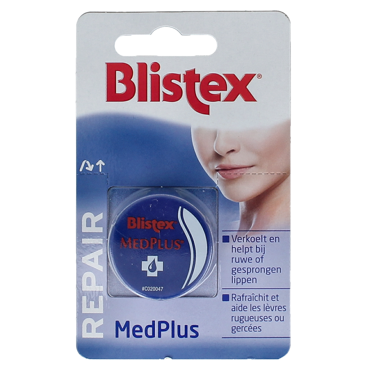 Blistex Lippenbalsem med plus in 7ml potje, moisturizing lip care product with a hang tab for easy use.