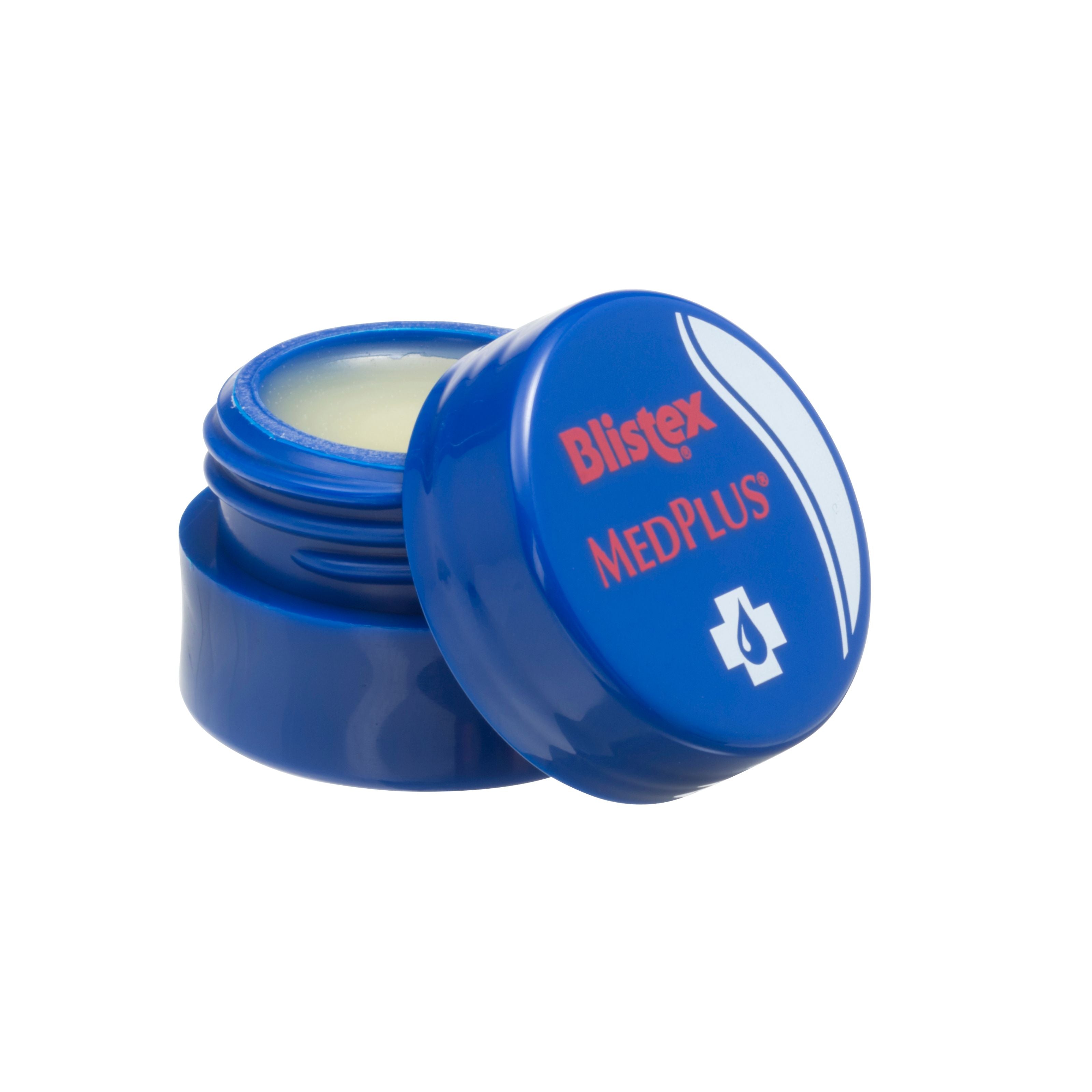 Blistex lip balm in a 7ml pot, moisturizing lip care product with plus formula, shown in a small round container.