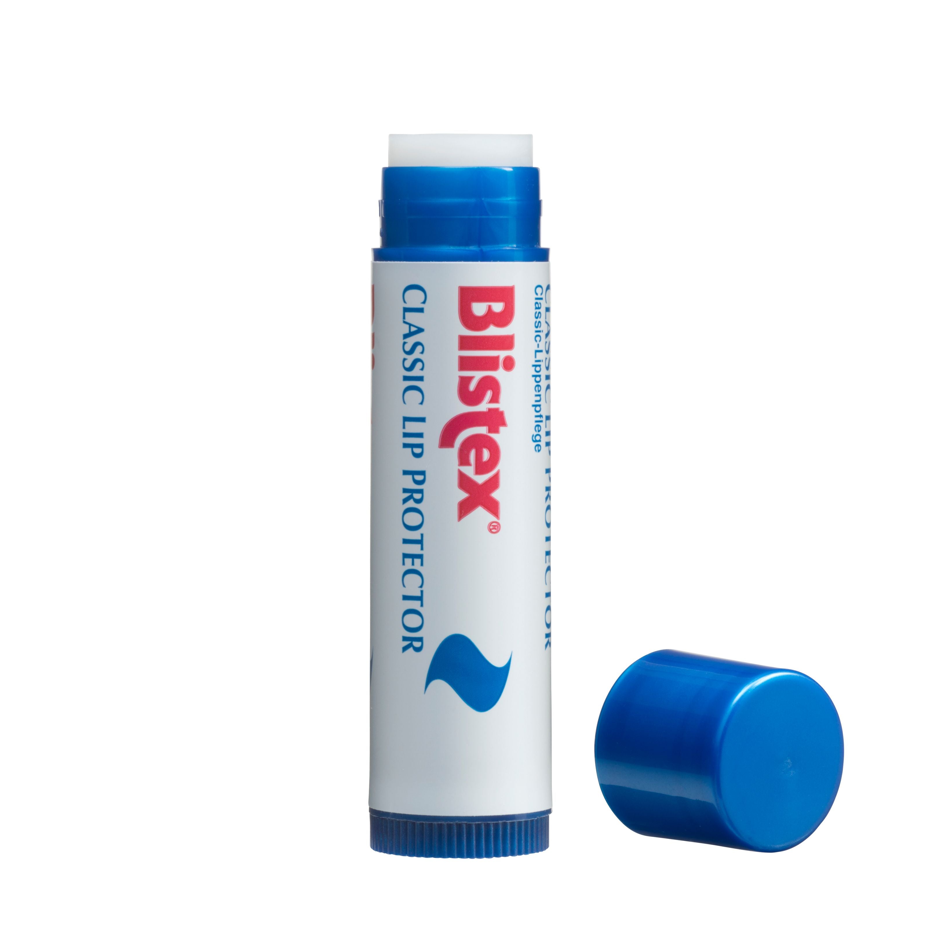 Blistex Classic Protect lip balm stick 4.25g showing the white tube with blue and red branding, designed to moisturize and protect lips