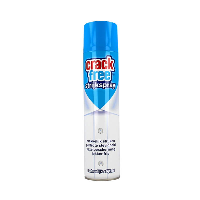 Crackfree Strijkspray 400ml for wasmiddelen, clear spray bottle with label, used for ironing and wrinkle removal.