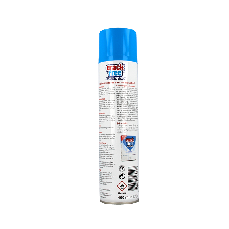 Crackfree Strijkspray 400ml bottle of fabric softening spray for easy ironing, by Crackfree.