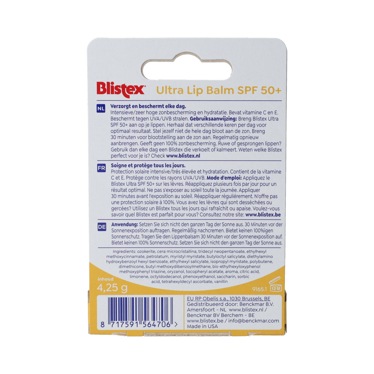 Blistex Ultra lip balm SPF50+ in 4.25g tube, moisturizing lip care product with sun protection, shown in the image.