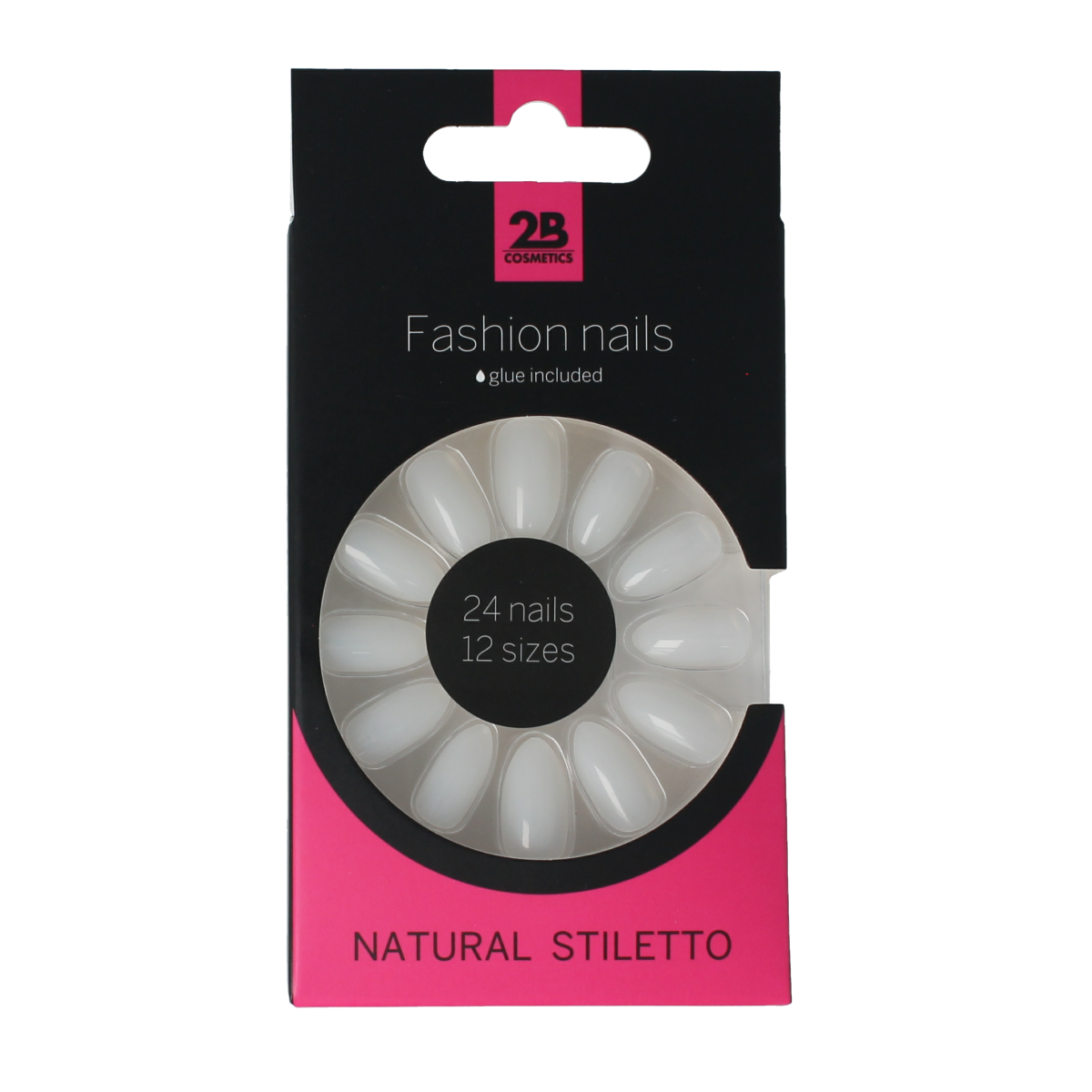 2B Nails natural stiletto false nails, 24-piece set, designed for make-up and nail art, with a sleek stiletto shape.
