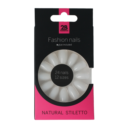 2B Nails natural stiletto false nails, 24-piece set, designed for make-up and nail art, with a sleek stiletto shape.