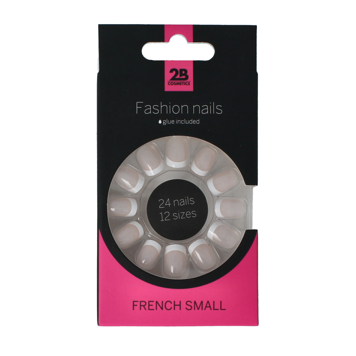 Close-up of 24 small 2B Nails French make-up false nails with natural pink and white tips for elegant nail looks.