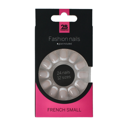 Close-up of 24 small 2B Nails French make-up false nails with natural pink and white tips for elegant nail looks.