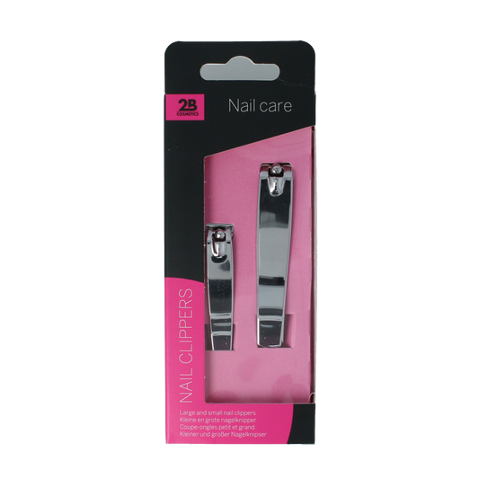 Set of two 2B nail clippers for manicure and pedicure, stainless steel tools for precise nail trimming.