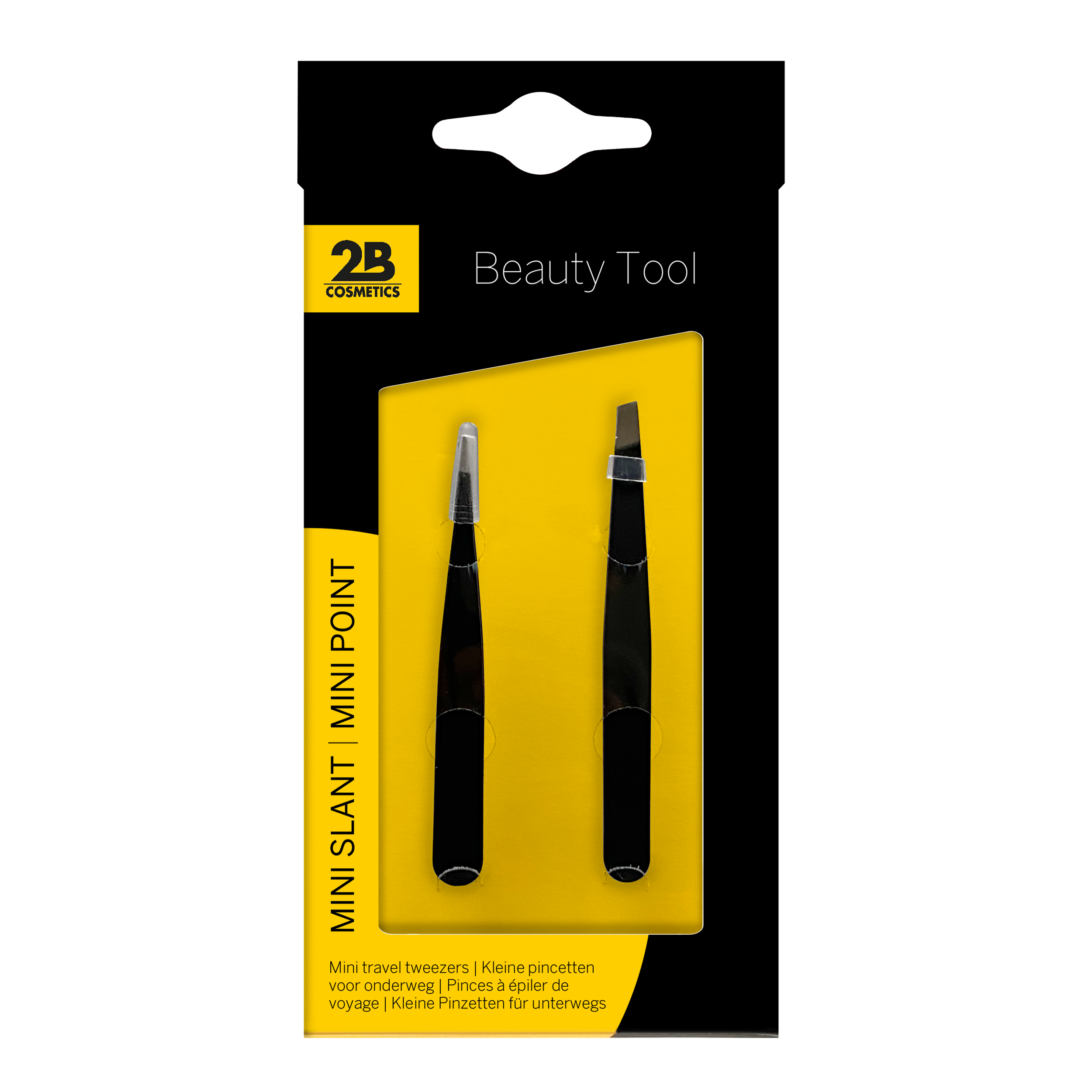 Set of two 2B mini steel tweezers, precision stainless steel tools for detailed tasks, shown in close-up image.
