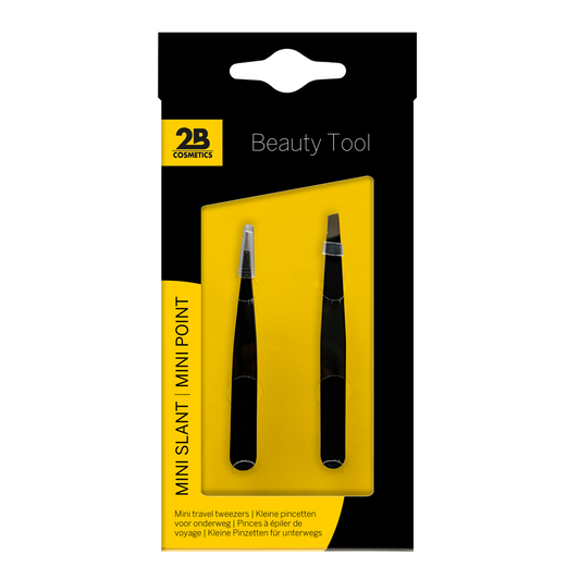 Set of two 2B mini steel tweezers, precision stainless steel tools for detailed tasks, shown in close-up image.