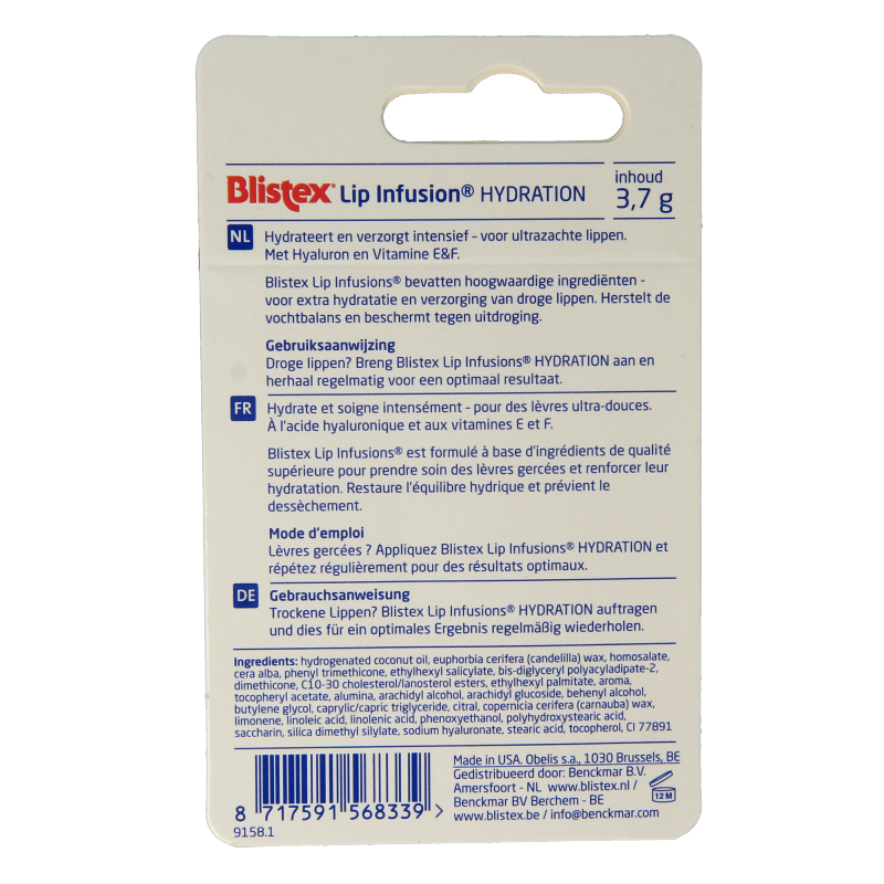 Blistex Lip Infusion Hydration lip balm in 3.7g tube showing the moisturizing product for soft, hydrated lips