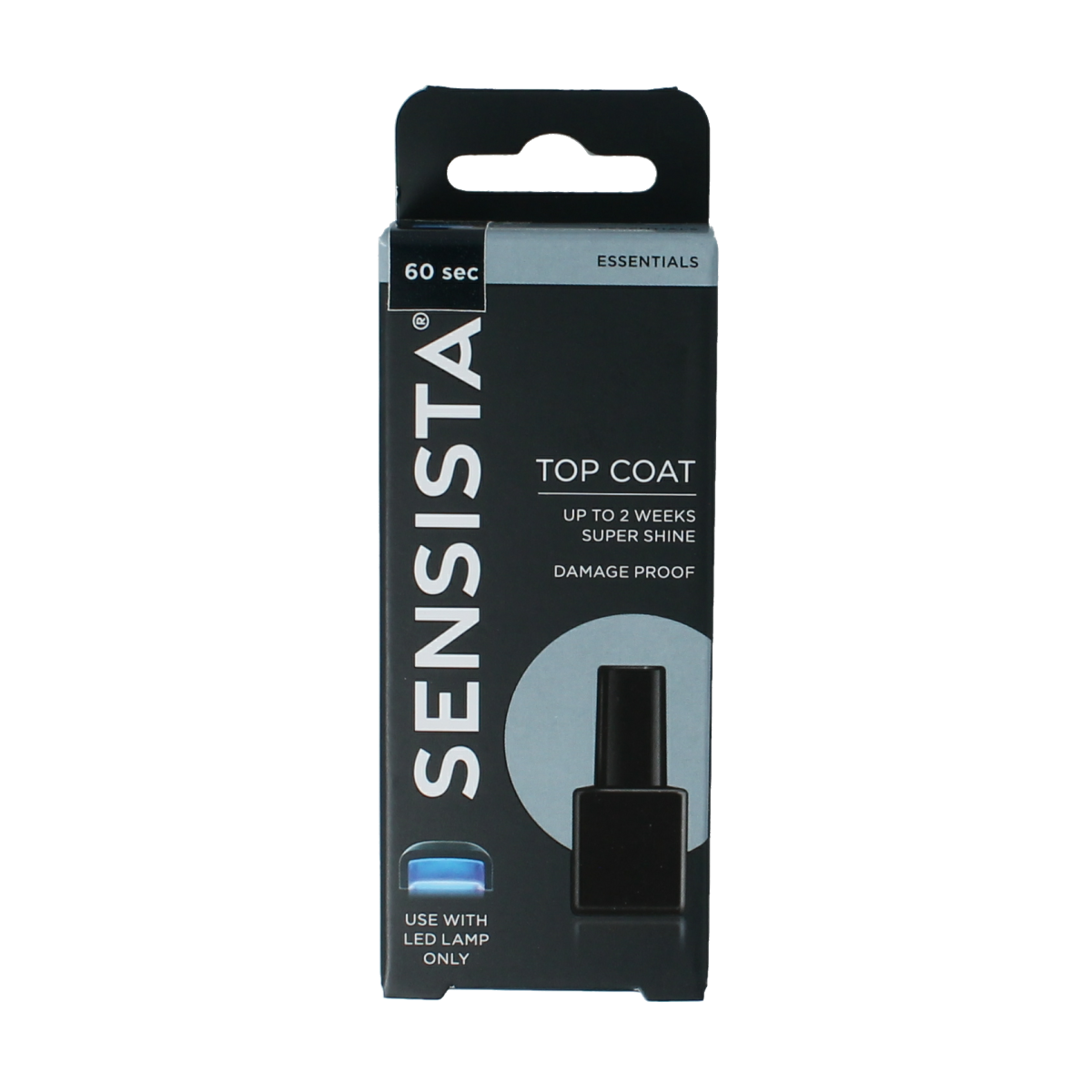 Sensista Top Coat nail makeup bottle, 7.50 ml, clear finish for glossy, long-lasting nails in a small cosmetic container.