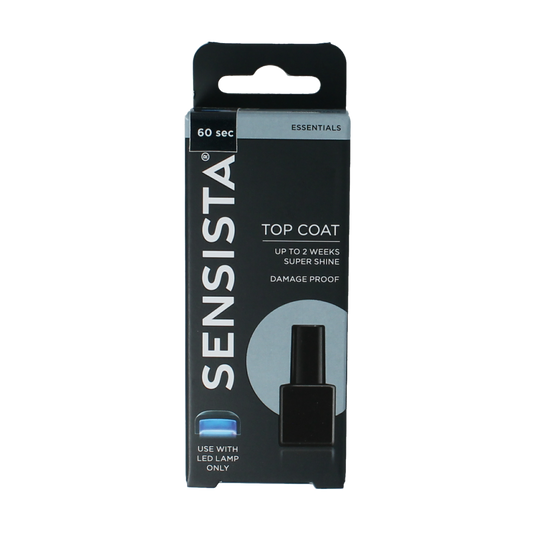 Sensista Top Coat nail makeup bottle, 7.50 ml, clear finish for glossy, long-lasting nails in a small cosmetic container.