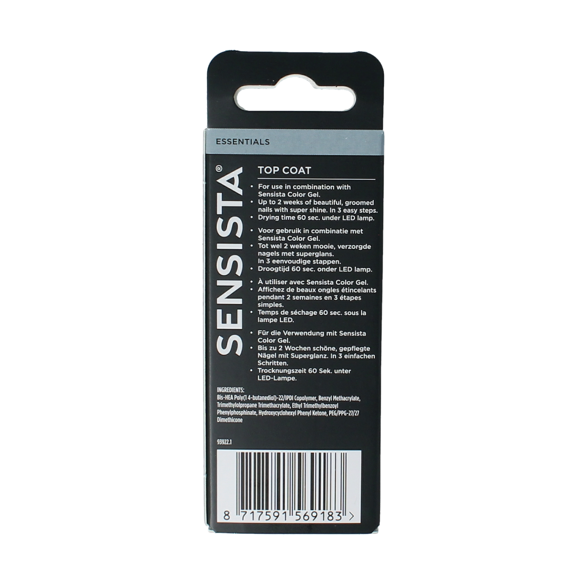 Sensista top coat bottle, 7.50 ml make-up product with clear packaging and applicator brush for nail polish finishing.