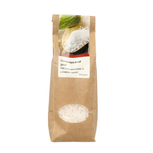 Verillis Himalaya grof zout in een 400g verpakking, zichtbaar in een natuurlijke setting voor kruiden en zoutproducten.