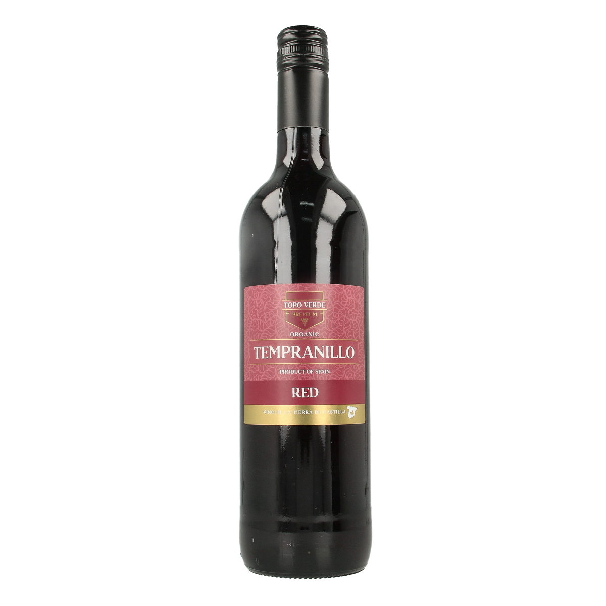 Bottle of Topo Verde Tinto Tempranillo organic red wine, 750ml, with a dark glass and label featuring green and red accents.