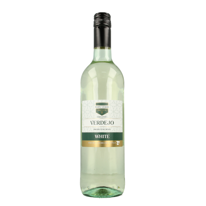 Bottle of Topo Verde Blanco Verdejo bio white wine, 750ml, showcasing a green and white label with wine glass in the image.