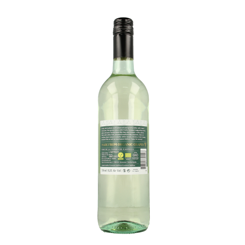 Bottle of Topo Verde Blanco Verdejo bio white wine in 750ml bottle, showcasing the label and clear glass.