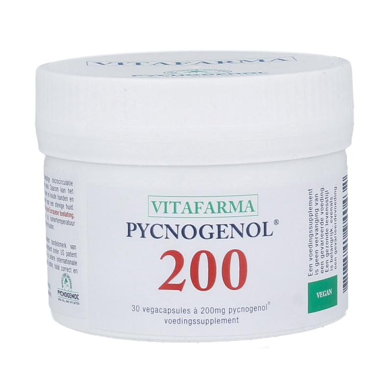 VitaFarma Pycnogenol 200 herbal capsules, vegetarian supplement in a white bottle with a blue label and capsule cap