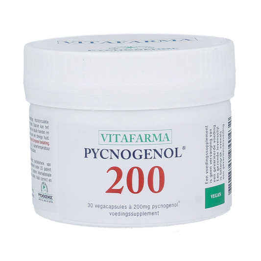 VitaFarma Pycnogenol 200 herbal capsules, vegetarian supplement in a white bottle with a blue label and capsule cap