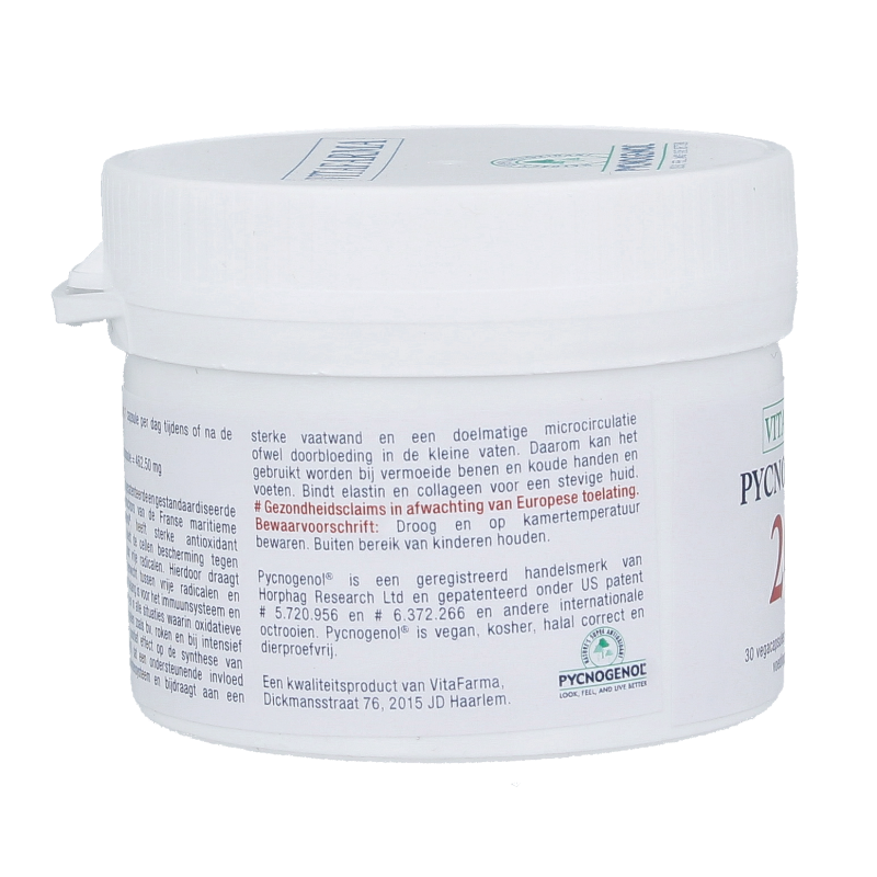VitaFarma Pycnogenol 200 herbal capsules in a white bottle, showing the product label and capsules inside.