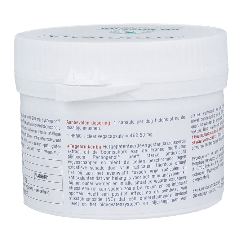 VitaFarma Pycnogenol 200 herbal supplement capsules in a bottle, natural extract from French maritime pine bark, vegetarian capsules.