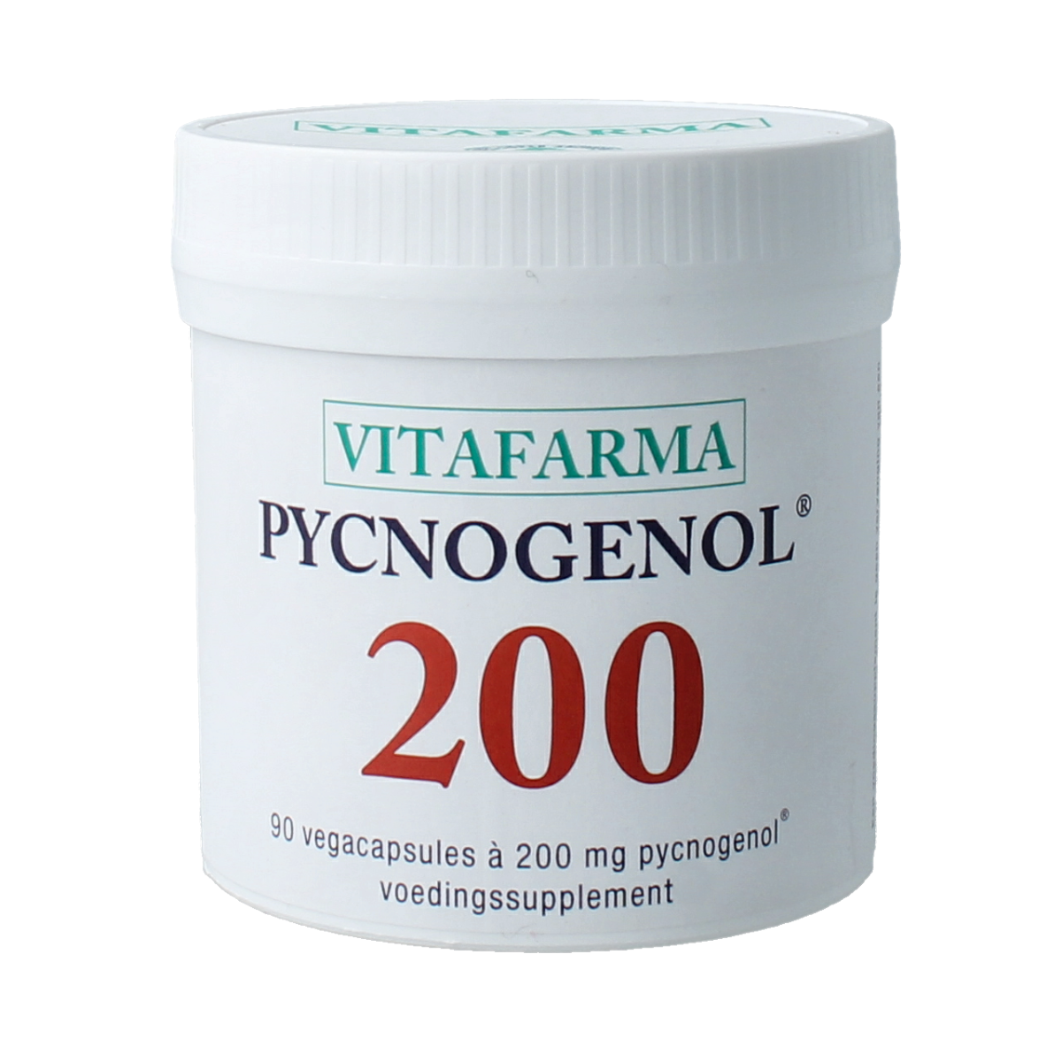VitaFarma Pycnogenol 200 vegetarian capsules, herbal supplement in a clear plastic bottle with a white label.