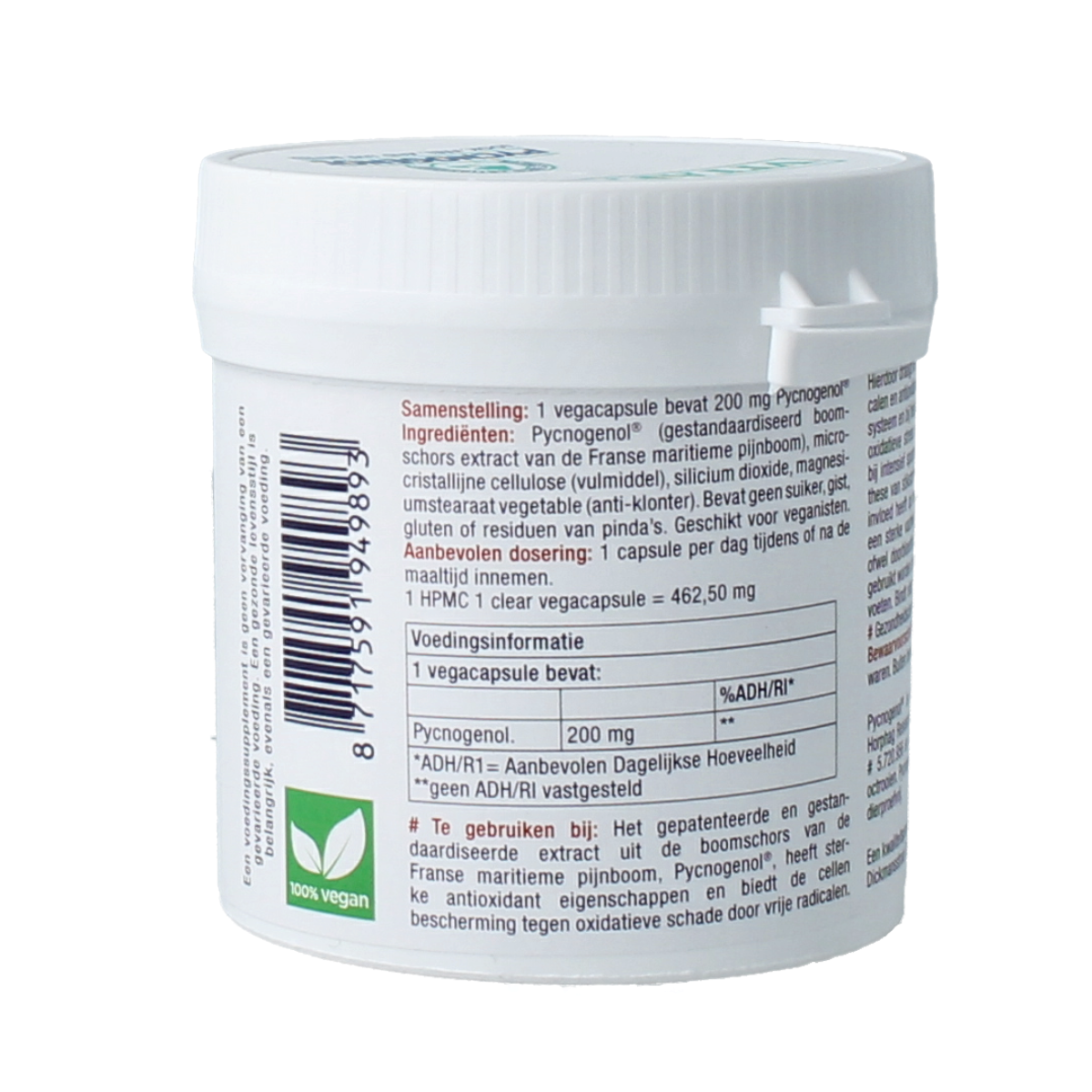 VitaFarma Pycnogenol 200 vegetarian capsules for herbal supplement, displayed in a clear bottle with label.