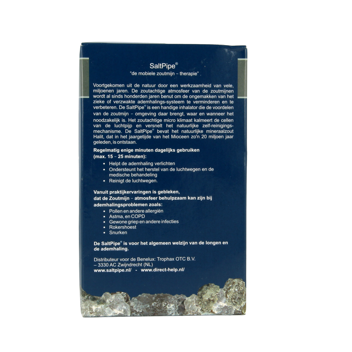 Saltpipe Classic zout inhalator for nasal care, showing the white inhaler device with salt crystals used for natural nasal cleansing.