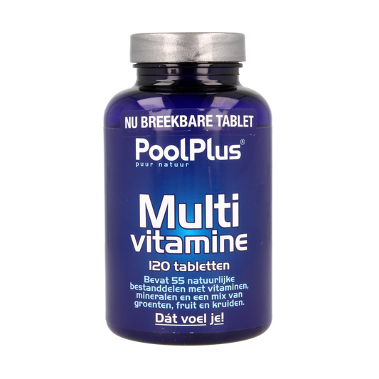 Pool Plus multivitamin tablets in a bottle, showing 120 vitamin multivitamine tablets for daily health support.