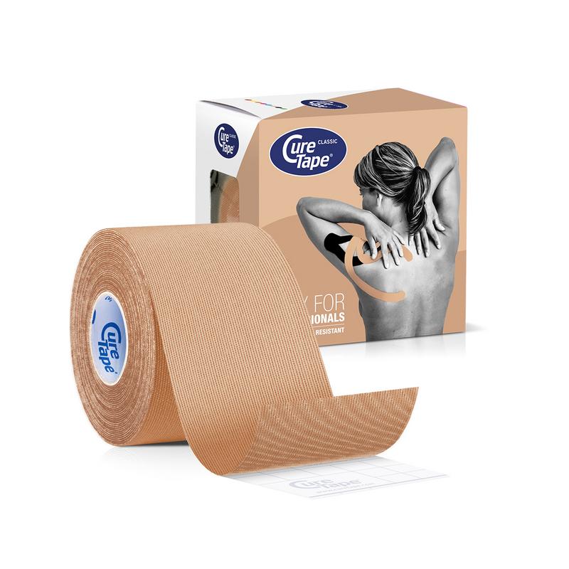 Beige Cure Tape kinesiotape for sports, 5cm x 5m roll, designed for muscle support and injury prevention.