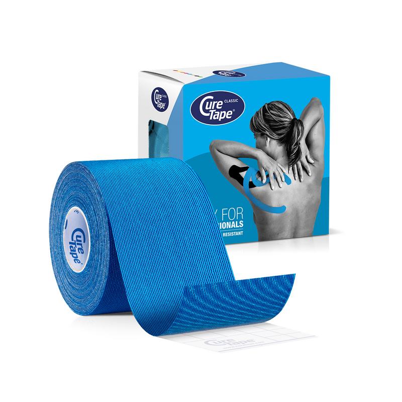 Blue Cure Tape kinesiotape for sports, 5cm x 5m roll, flexible athletic tape for muscle support and injury prevention.