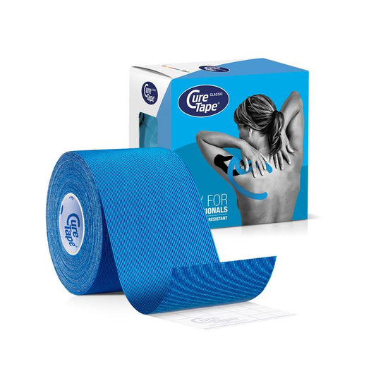 Blue Cure Tape kinesiotape for sports, 5cm x 5m roll, flexible athletic tape for muscle support and injury prevention.