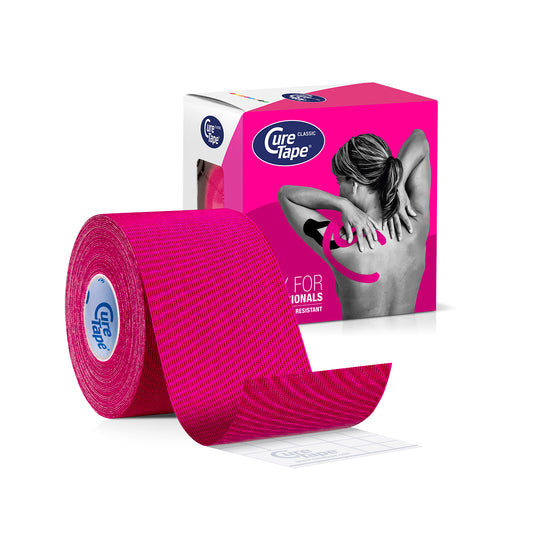 Pink Cure Tape kinesiotape for sports, 5cm x 5m, designed for muscle support and injury prevention.