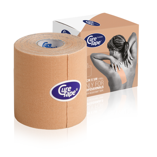 Cure Tape Kinesiotape in beige, 7.5cm x 5m, sport kinesiotape for muscle support, shown on white background