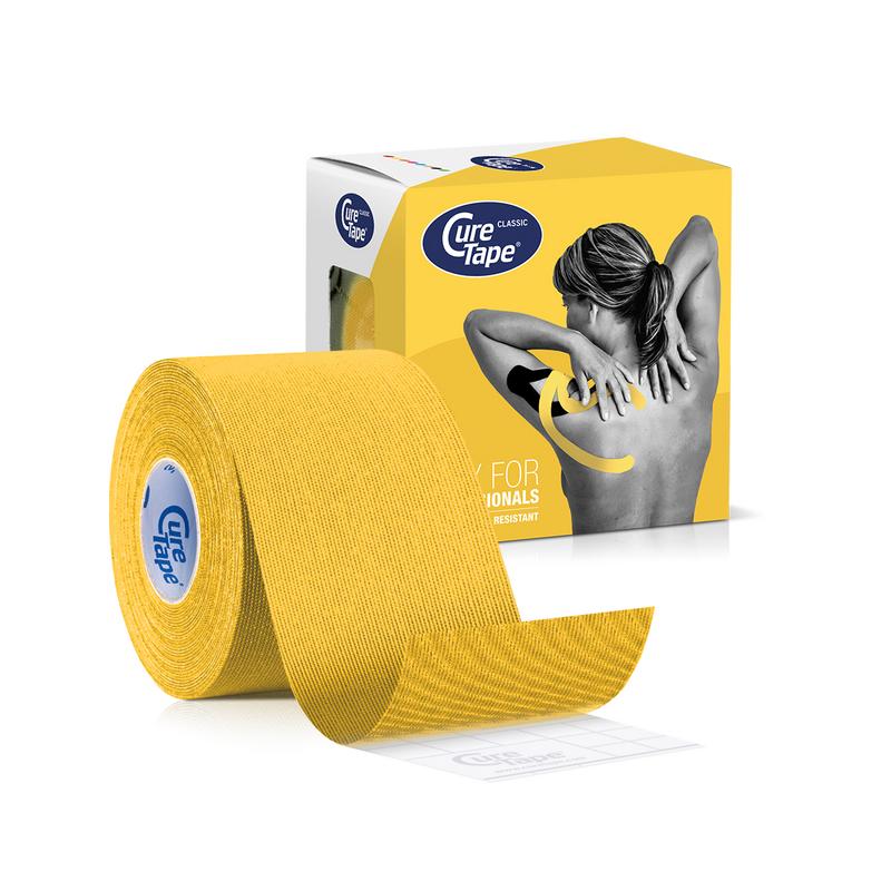 Cure Tape Kinesiotape in yellow, 5cm x 5m, designed for sports injuries, shown on a white background.