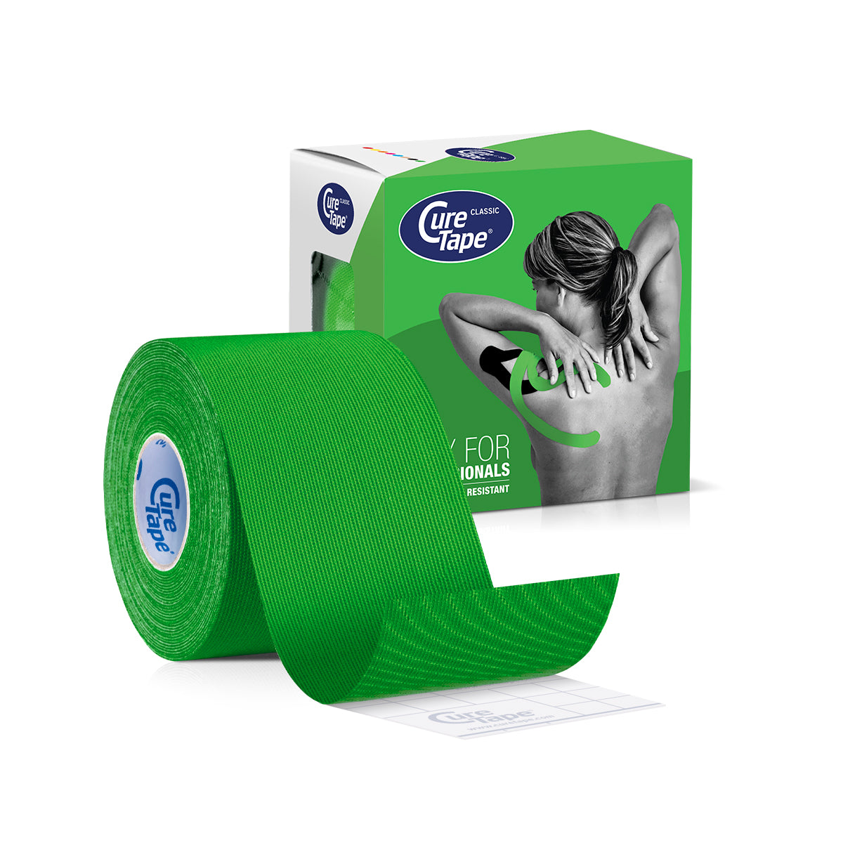 Green Cure Tape kinesiotape for sports, 5cm x 5m roll, flexible athletic tape for muscle support and injury prevention.