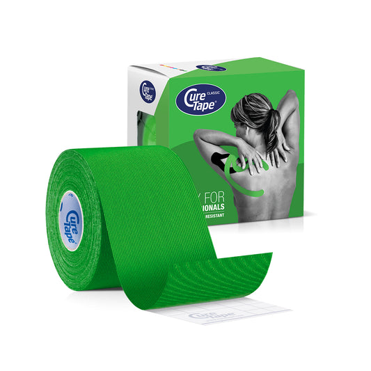 Green Cure Tape kinesiotape for sports, 5cm x 5m roll, flexible athletic tape for muscle support and injury prevention.