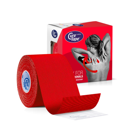 Cure Tape Kinesiotape sport tape in red, 5cm x 5m, displayed on a white background for athletic support and injury prevention.