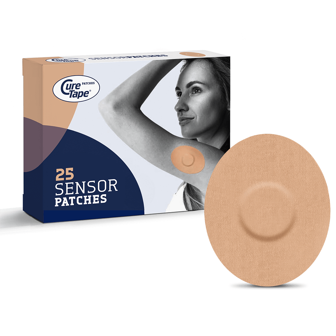 Beige Cure Tape sensor patches, adhesive tape strips, shown in a close-up image on a white background, 25 pieces.