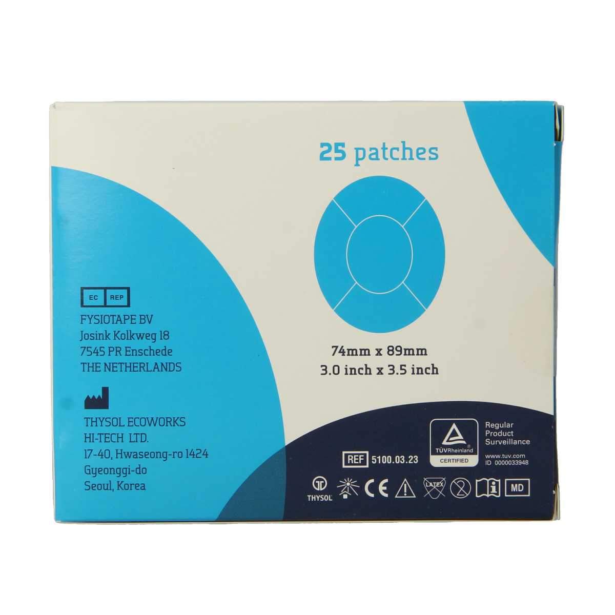 Blue Cure Tape Sensor patch, adhesive medical tape for muscle support, shown in a pack of 25.