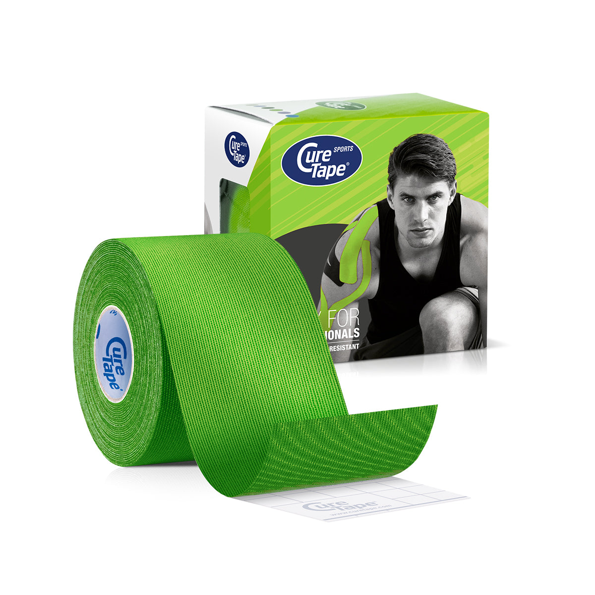 Cure Tape Sports lime green athletic tape 5cm x 5m, displayed on a plain background with roll and packaging.