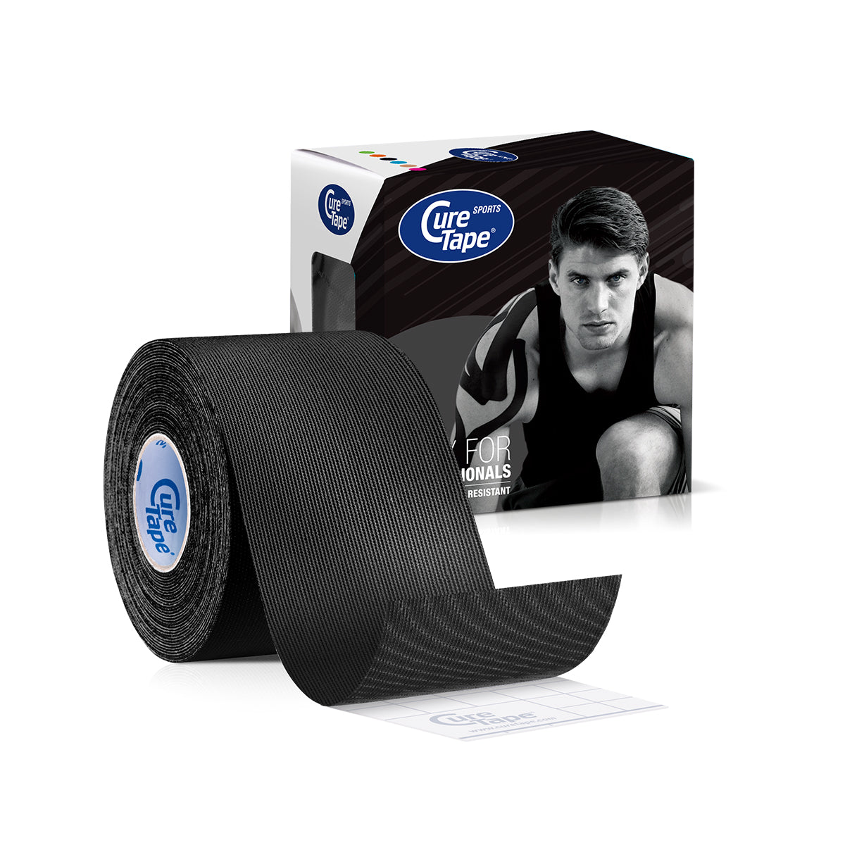 Black Cure Tape sports tape 5cm x 5m, adhesive athletic tape for sports injuries and support, shown in the image.
