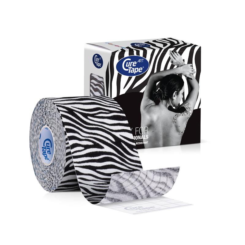 Cure Tape Art zebra sport tape 5cm by 5m, showing black and white striped design on flexible athletic tape.